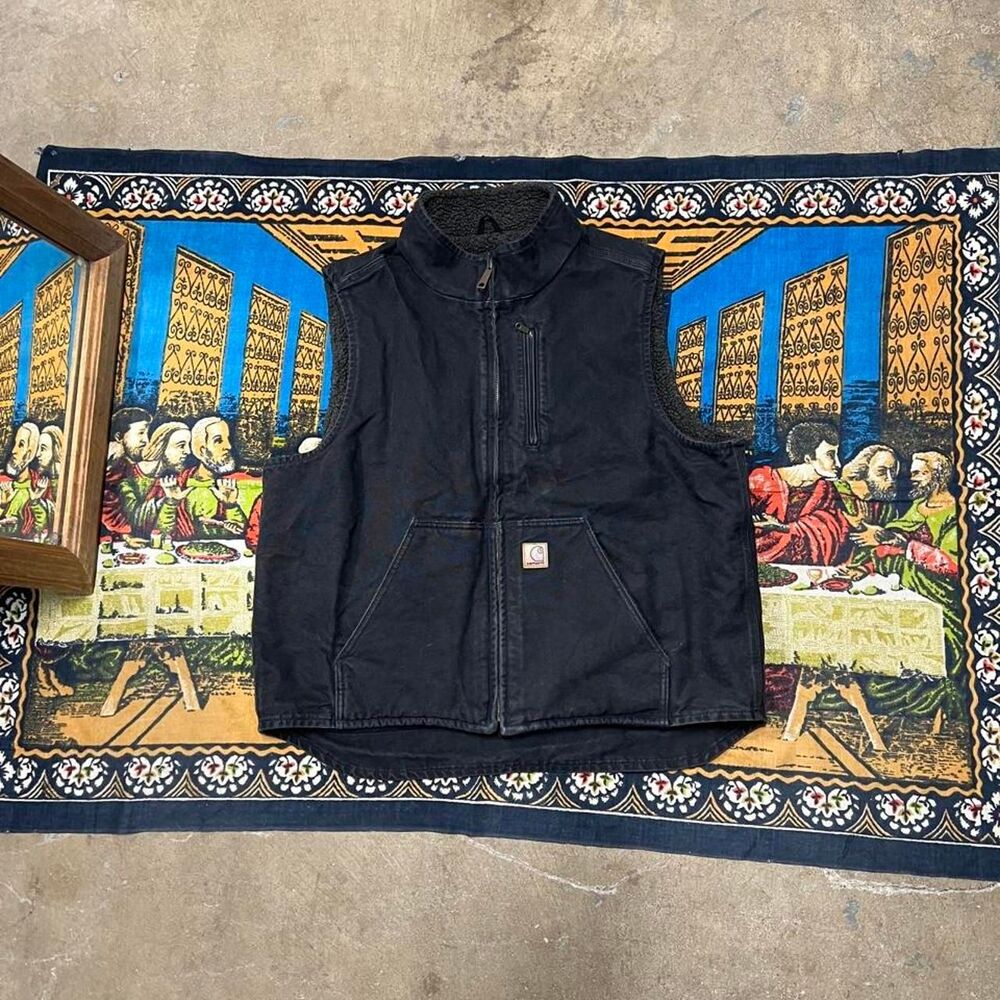 VTG Carhartt black Sherpa lined vest Size XL workwear utility western americana